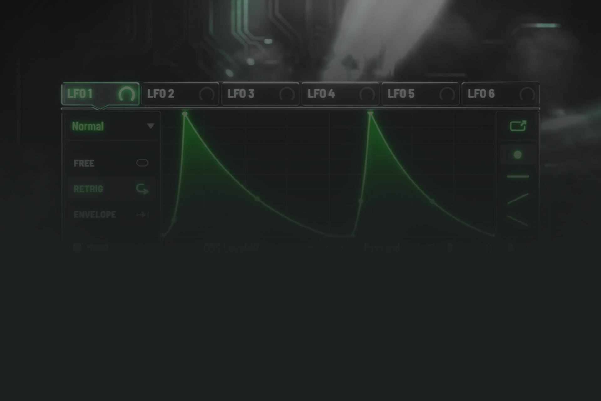 fer Serum 2 synthesizer interface hero banner highlighting the LFO modulation section, displaying a complex custom LFO shape preset from the Sonic Weaponry LFO Shapes pack.