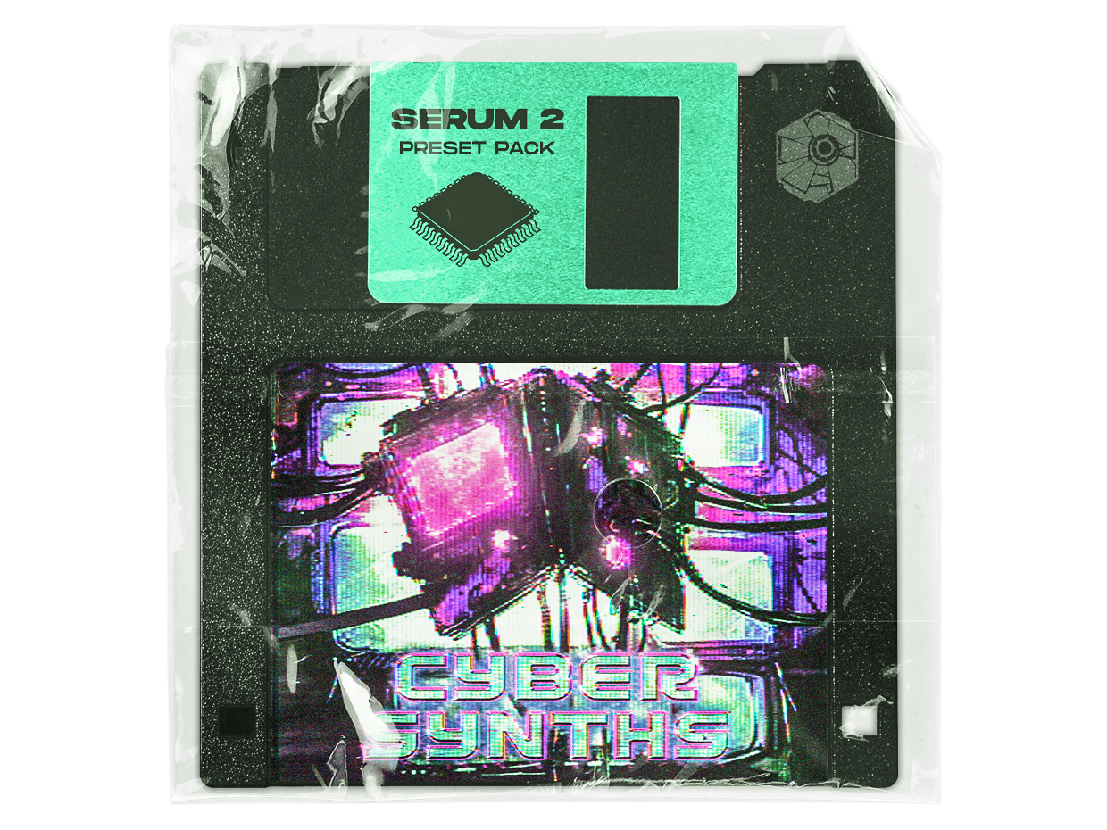 Cyber Synths Serum 2 dubstep presets cover, teal floppy disk with pink cyber art