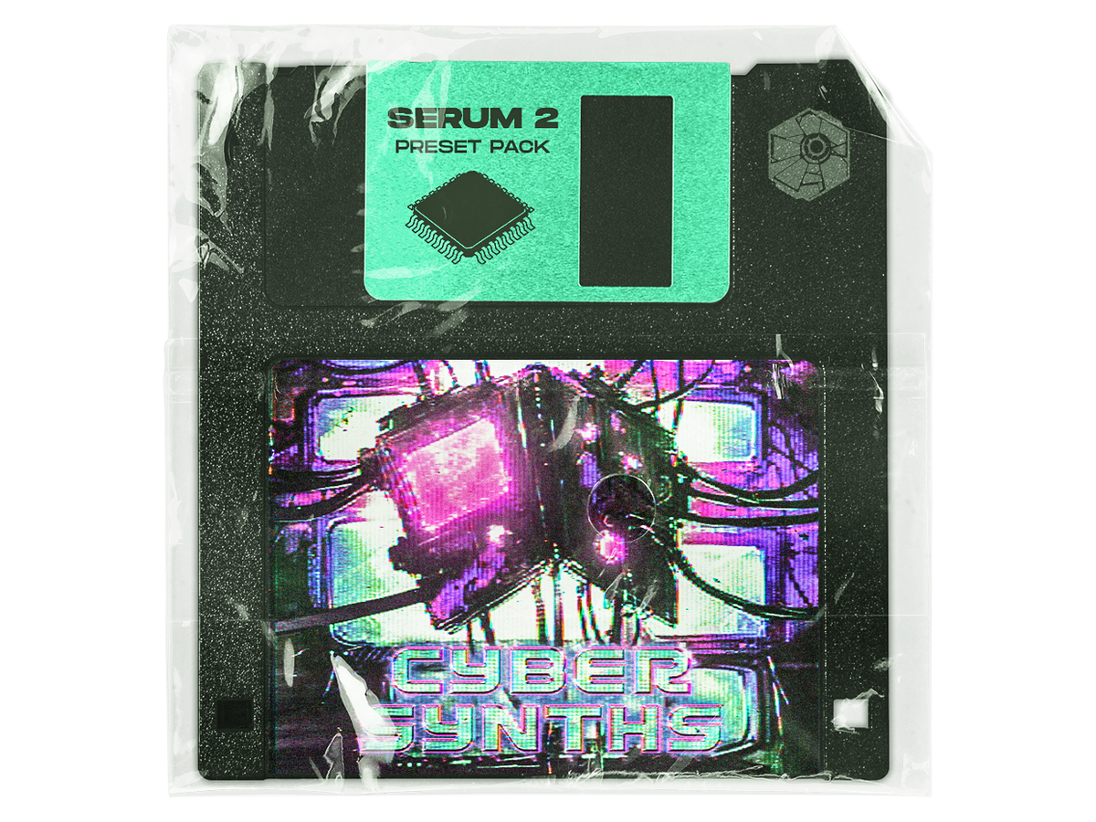 Cyber Synths Serum 2 dubstep presets cover, teal floppy disk with pink cyber art