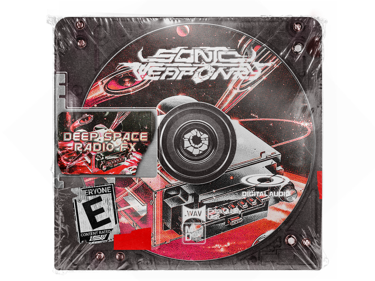 Deep Space Radio FX sci-fi sound effects pack cover, red MiniDisc with vintage car radio