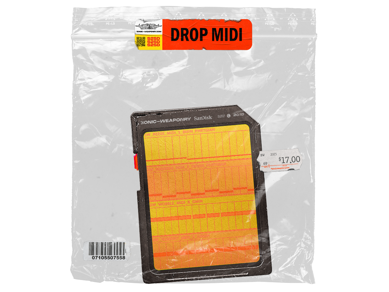 Sonic Weaponry Drop MIDI bonus pack for Dubstep Domination, featuring a product mockup of a data card in a plastic bag with orange branding, containing 48 professional drop sequences and MIDI patterns.