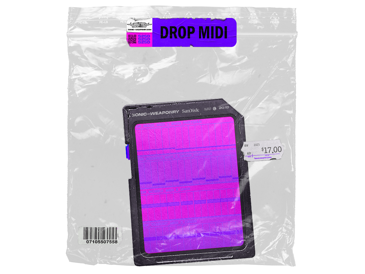 Sonic Weaponry Jump-Up Junkies Drop MIDI bonus pack packaging mockup, featuring a digital data card inside a plastic bag with purple branding, containing 60 Drum & Bass drop sequences and 174 BPM flows.