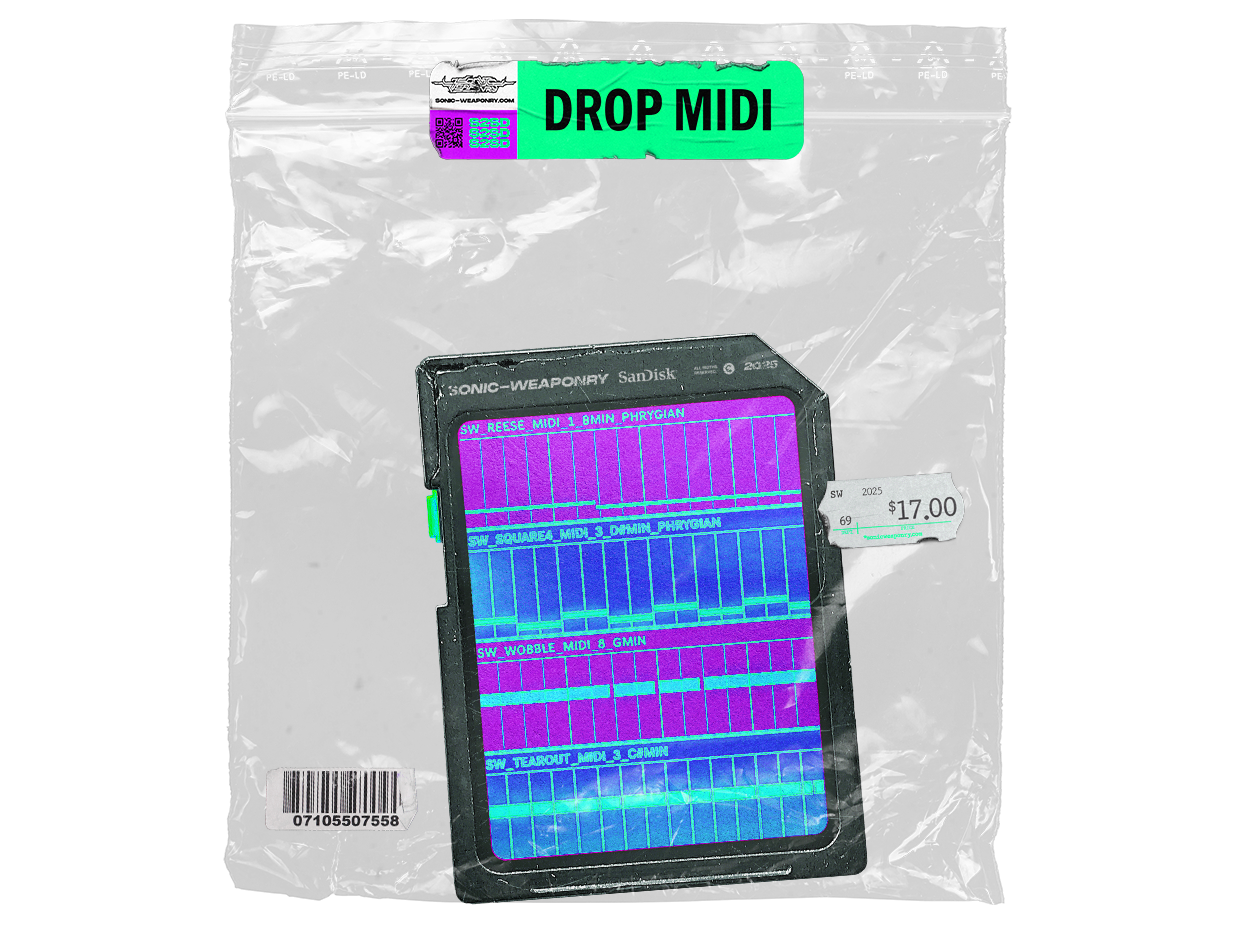 220 Drop MIDI bonus pack in a plastic bag, featuring drag-and-drop MIDI patterns for Tearout flows, Riddim sustain basses, and DnB Foghorn melodies.