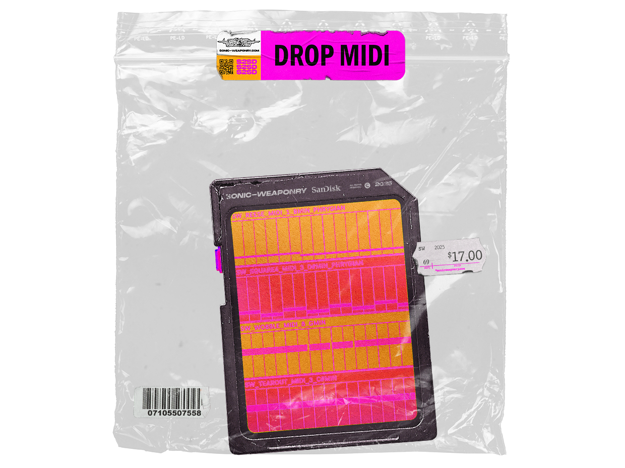 Sonic Weaponry Drop MIDI bonus pack packaging mockup featuring a data card with orange MIDI note grid visuals inside a plastic bag, containing 55 Riddim drop sequences and off-grid patterns.