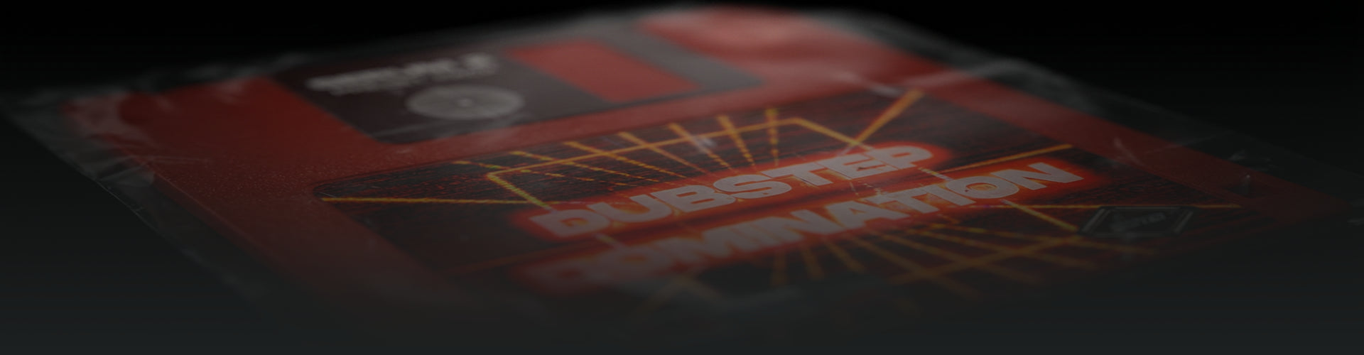 Angled 3D product render of the Sonic Weaponry Dubstep Domination floppy disk, featuring aggressive branding and packaging for the heavy Serum 2 preset pack.