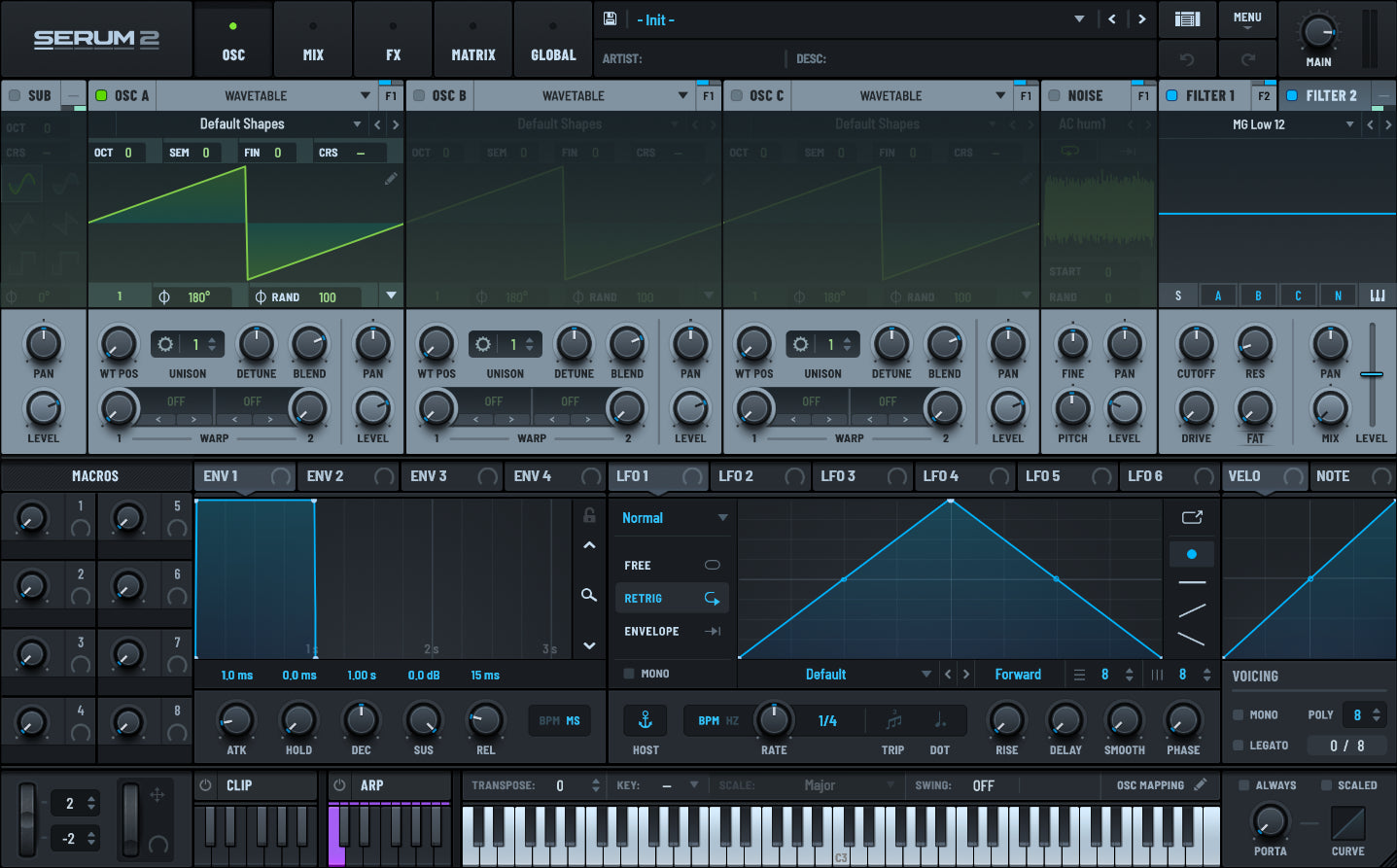 Main oscillator page of the default Serum 2 interface, showcasing the standard layout and factory theme in Serum version 2
