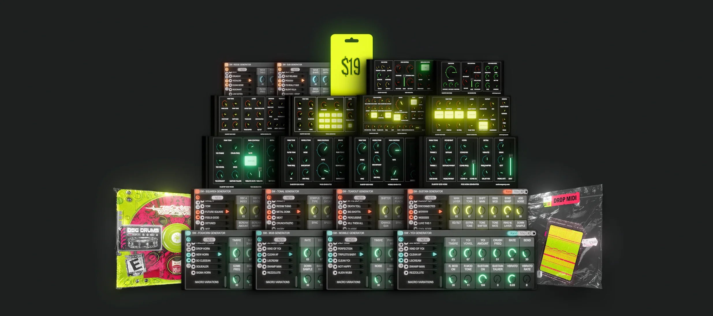 Dubstep God Mode bundle: 10 bass generator racks for Ableton and FL Studio, 80 drop MIDI, drum samples and a $19 gift card