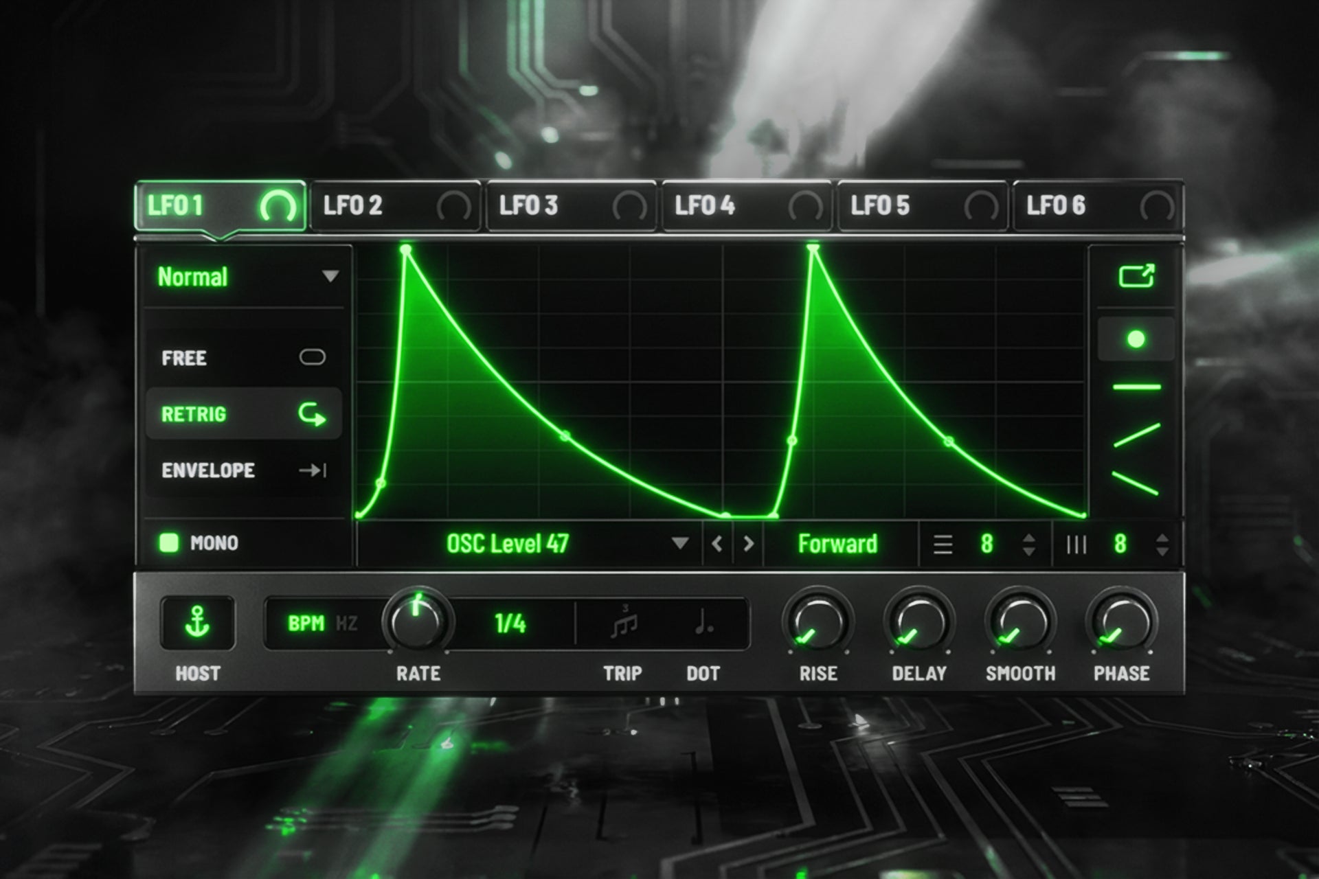 Xfer Serum 2 interface displaying a custom LFO shape preset from the LFO Shapes pack, demonstrating complex modulation curves for advanced sound design and rhythmic movement.