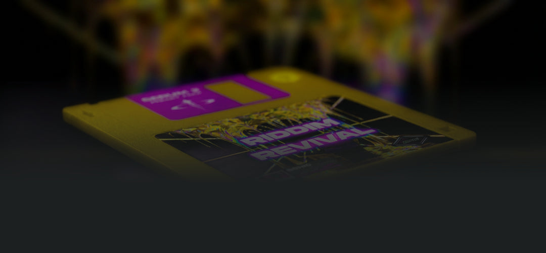 Angled 3D product shot of the Sonic Weaponry Riddim Revival Serum 2 preset pack, featuring a gold floppy disk in a plastic bag with neon purple branding against a blurred background.