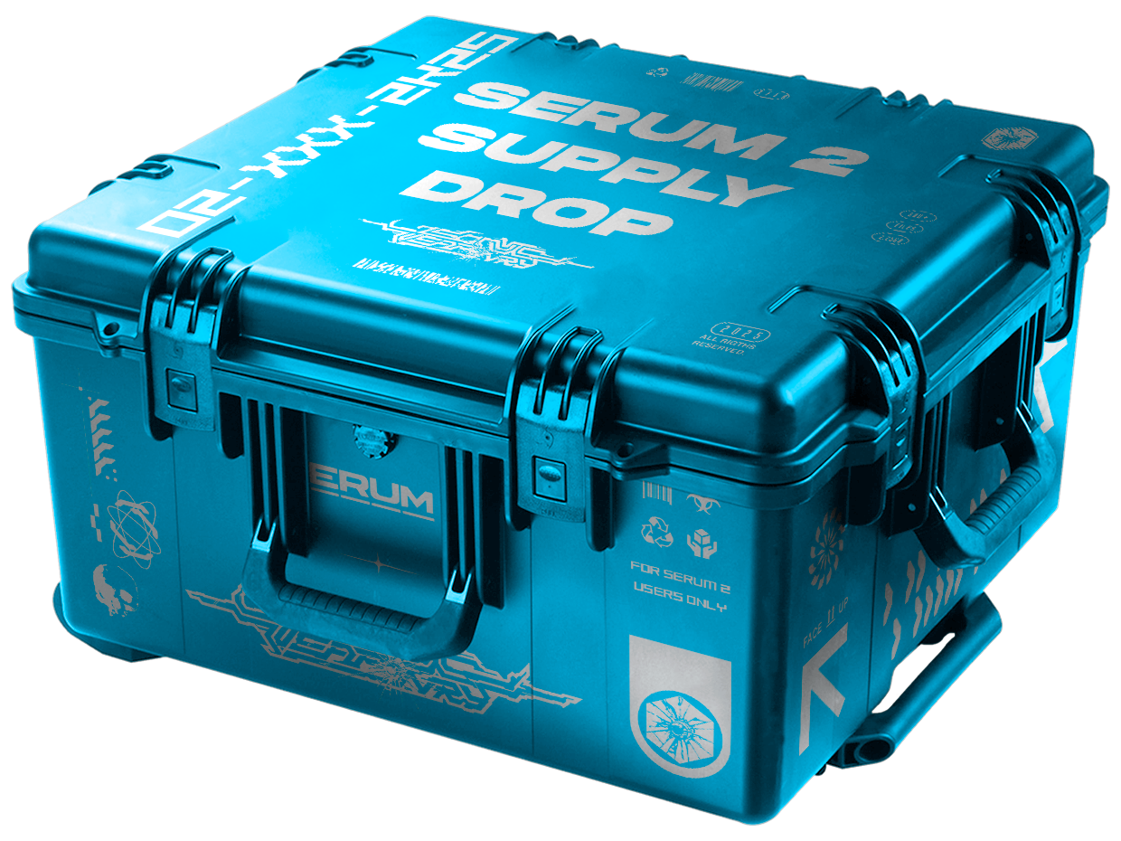 Serum 2 Supply Drop Bundle including 6 Preset Packs, 15 Project Files, and 8 Production Tutorials for Ableton and FL Studio.