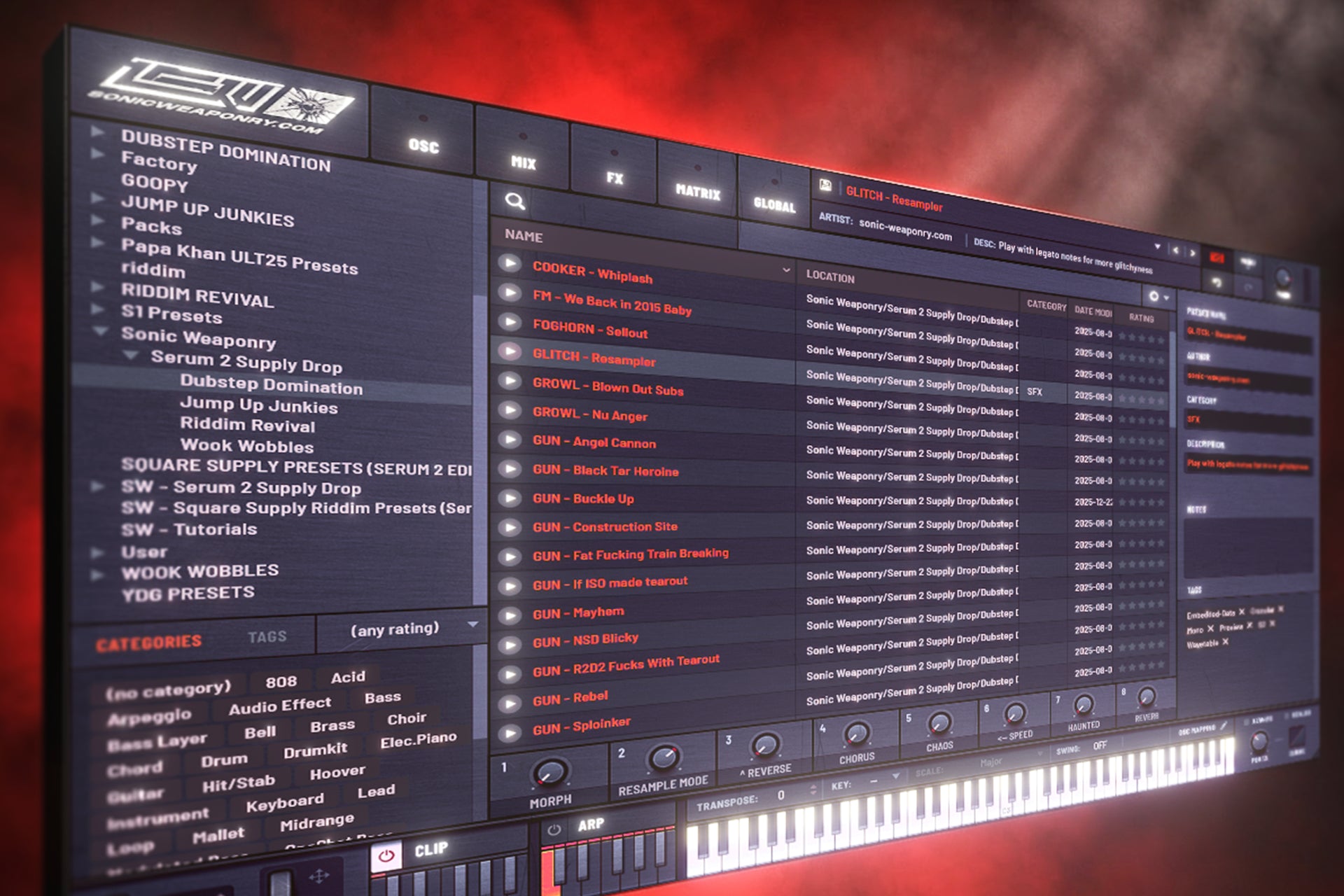 Screenshot of the Serum 2 preset library interface with the instant audition play button highlighted, demonstrating how to quickly preview presets in the browser without loading them.