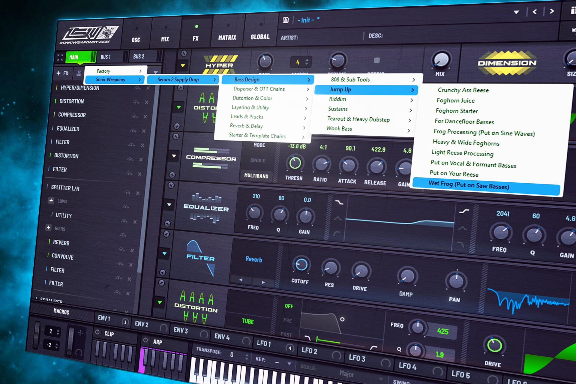 Xfer Serum 2 FX tab interface displaying the Sonic Weaponry FX Arsenal preset library, showcasing organized folders for Bass Design chains, Jump Up presets, and mixing utilities.