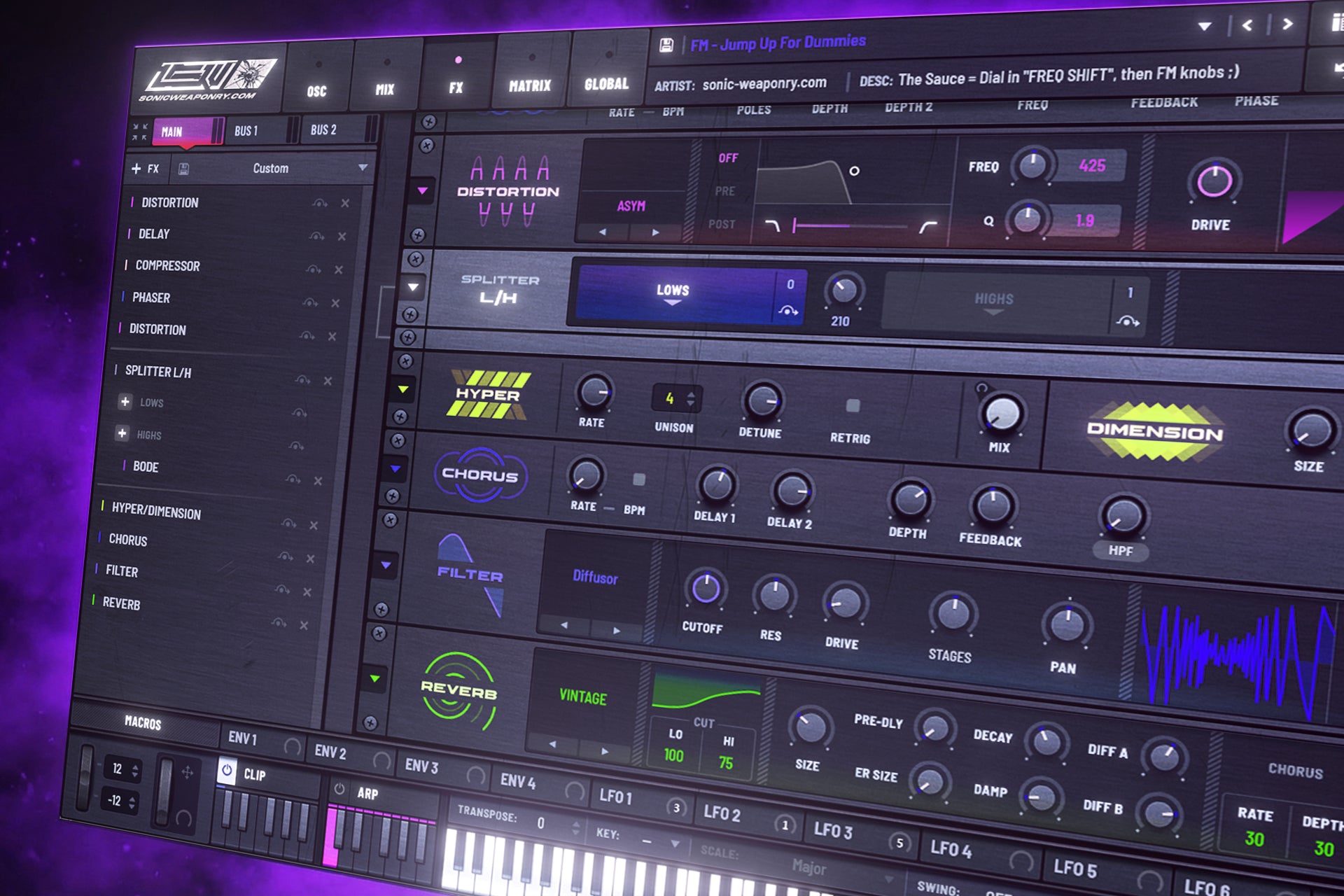 Xfer Serum 2 FX tab interface displaying a complex Jump-Up Junkies processing chain, demonstrating advanced routing and parallel processing for a mix-ready Drum & Bass sound.