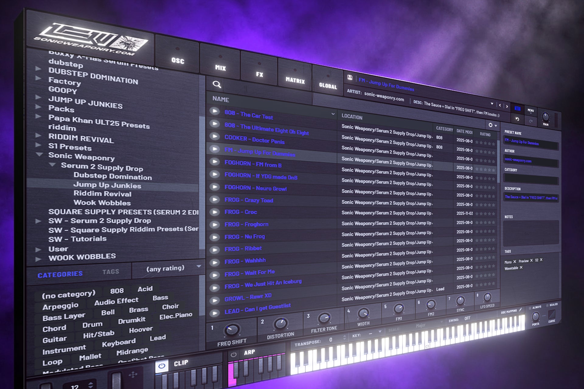 Xfer Serum 2 preset browser displaying the Jump-Up Junkies library, showing strictly categorized folders for Foghorns, Reeses, and Belgian Lasers, along with embedded clip sequences and audio previews.