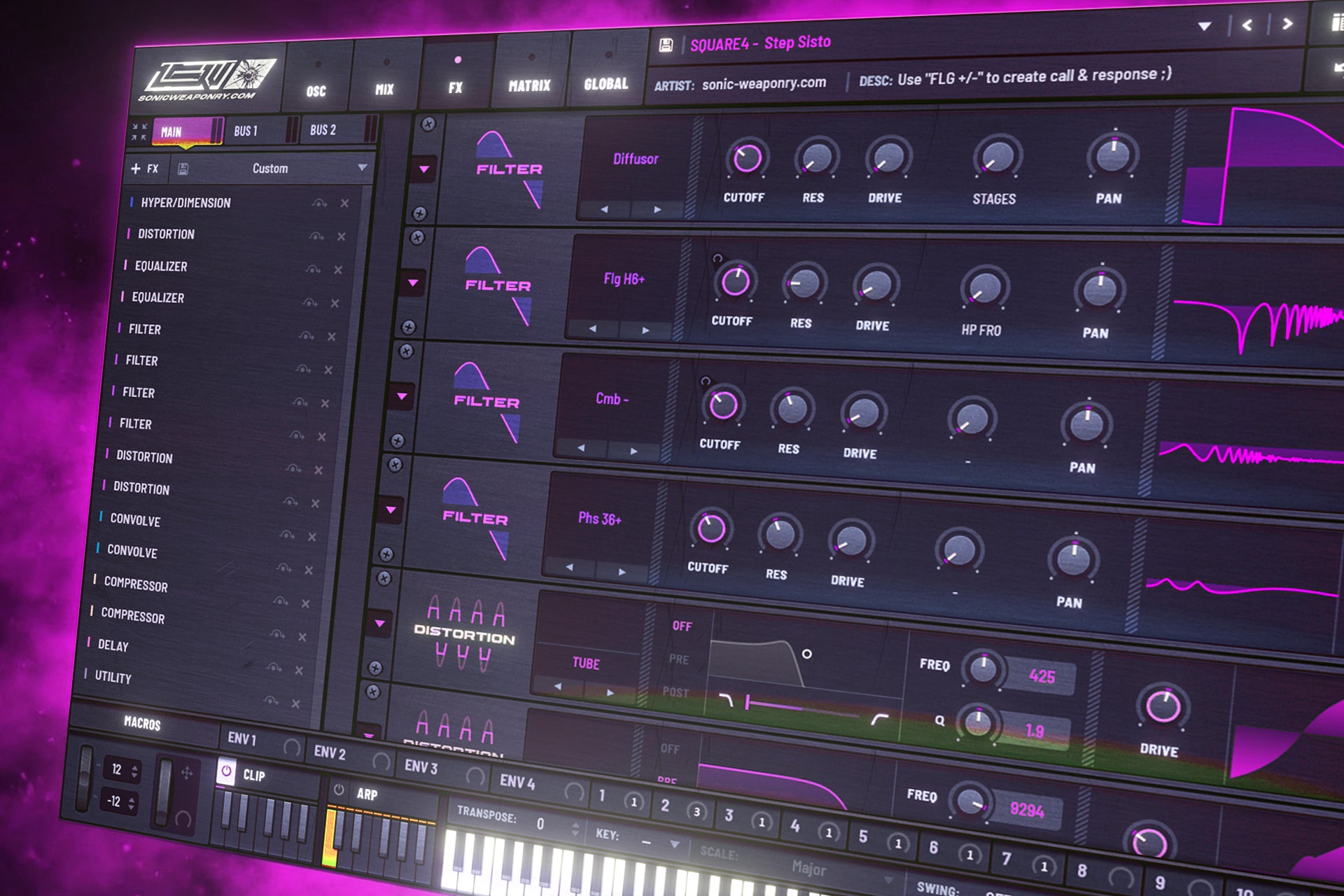 Xfer Serum 2 FX tab interface displaying a complex Riddim Revival processing chain, demonstrating advanced routing and parallel processing for a mix-ready, festival-loud sound.