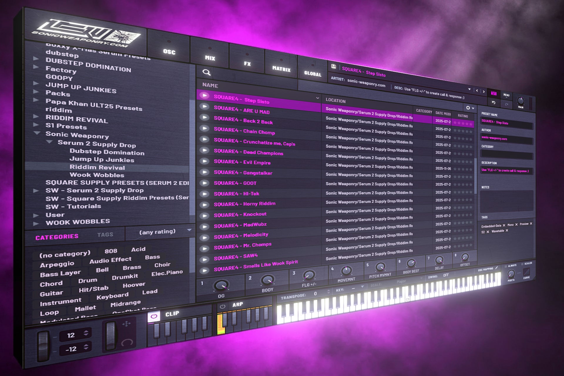 Xfer Serum 2 preset browser displaying the Riddim Revival library, showing strictly categorized folders like Sploinky and Square4, along with embedded clip sequences and audio previews.