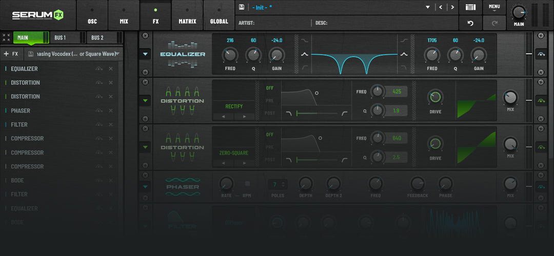 Xfer Serum 2 synthesizer interface hero banner highlighting the FX tab, displaying the Sonic Weaponry FX Arsenal advanced processing chains and custom module presets for professional sound design.