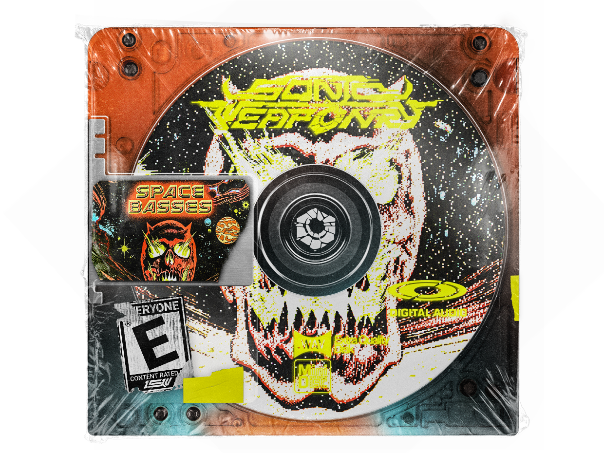 Space Basses dubstep bass samples pack cover, orange and lime devil skull MiniDisc