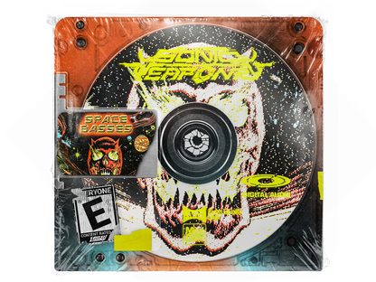 Space Basses dubstep bass samples pack cover, orange and lime devil skull MiniDisc
