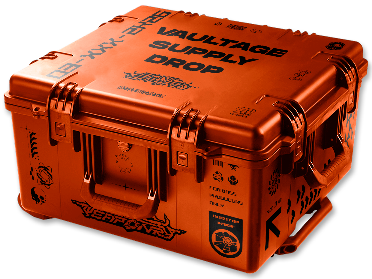 Vaultage Supply Drop orange supply crate with 5 Space Laces style sample packs and a $19 gift card